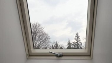 Bulutlu gökyüzünü ve kışın çıplak ağaçlarını gösteren modern tavan penceresinden bak, sakin bir manzara yarat. İsveç.