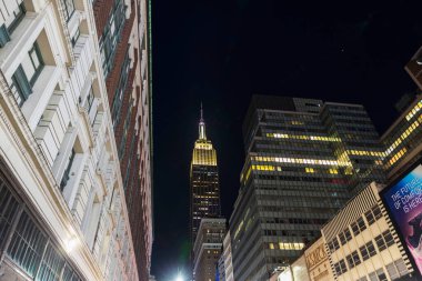 Empire State Binası gece karanlığın altında klasik ve modern binalarla aydınlandı. - New York. ABD. 