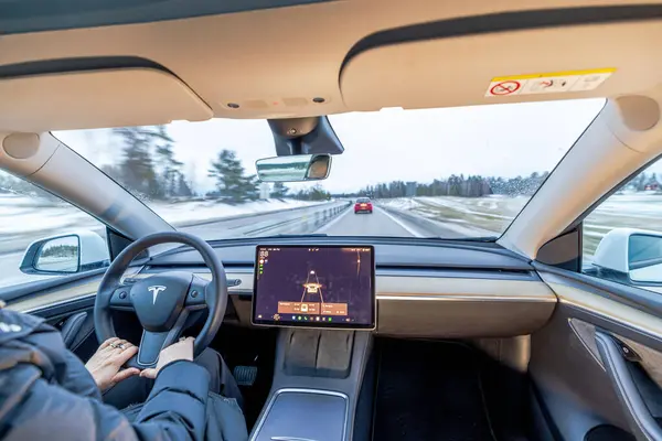 Tesla kadın sürücünün kış otobanında otomatik pilot kullanırken direksiyon tutuşu yakın plan görüntüsü. 