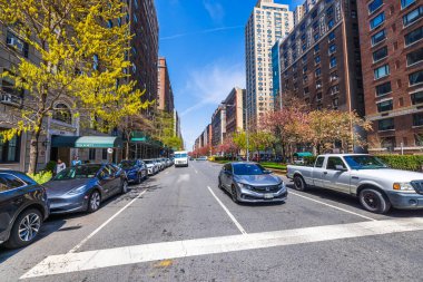 Park Avenue, New York 'ta geniş bir cadde. Çiçek açan ağaçlar, park edilmiş arabalar ve yüksek binalar var. - New York. ABD.