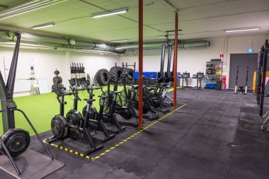 Sabit bisikletler, kardiyo ekipmanları, egzersiz makineleri ve traktör lastikleri olan modern spor salonu. İsveç. 