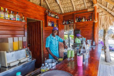 Gülümseyen Dominikli barmen Punta Cana 'daki tropik sahil barında içki hazırlıyor. Dominik Cumhuriyeti. Punta Cana.