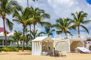 Turistler için şezlonglu özel plaj kabinleri kumlu Atlantik Okyanusu kıyısındaki otelin yakınındaki palmiye ağaçlarının altında dinlensinler diye. Punta Cana. Dominik Cumhuriyeti. 