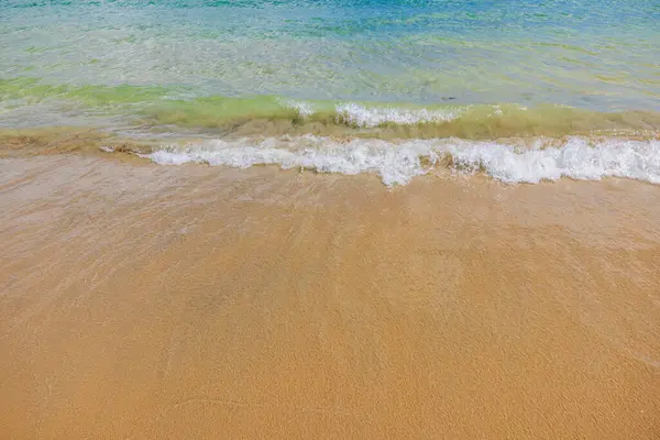 Güneşli bir günde Atlantik Okyanusu kıyısında altın plaj kumlarını hafifçe yıkayan küçük bir dalga. Punta Cana. Dominik Cumhuriyeti. 