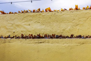 Kentsel çevrede güvenlik önlemi olarak sarı beton duvara gömülü kırık kahverengi cam şişeler. Willemstad. Curacao. 
