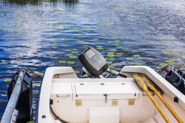 Su zambakları ve yüzen yapraklarla sakin göle demirli tahta kürekli sürat teknesi. İsveç.