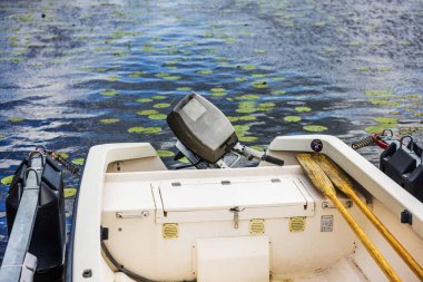 Mavi dalgalı suda yeşil zambak yapraklarıyla göl kıyısına yanaşmış kürekli beyaz motorlu tekne. İsveç.