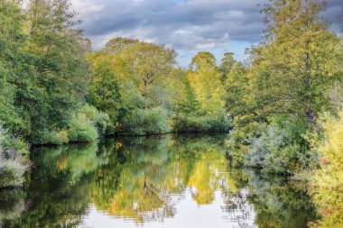 Bulutlu gökyüzünün arka planında renkli sonbahar ağaçlarının yansıması olan resim nehri. İsveç.