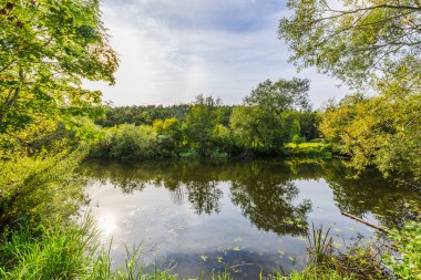 Sakin suyu olan nehir arka planda sonbahar ağaçlarını ve açık bulutlu mavi gökyüzünü yansıtıyor. İsveç.