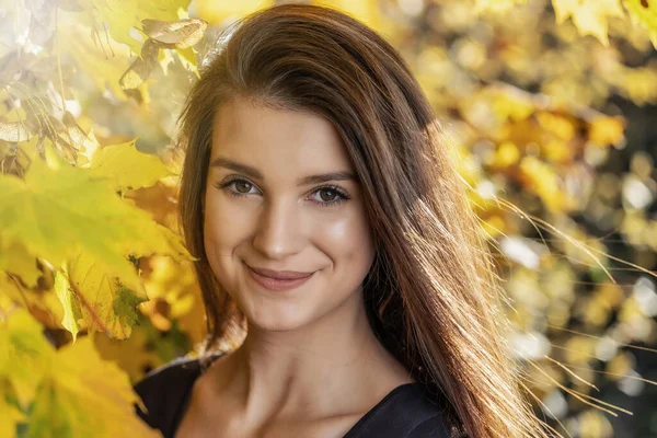 Portrét Usměvavé Dívky Pózující Žlutými Listy Javoru Vodorovně — Stock fotografie