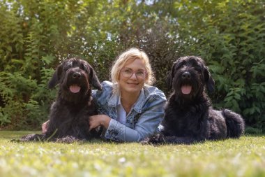 Kadın dışarıda iki tane Big Schnauzer köpeğiyle poz veriyor. Kameraya bakıyorlar.. 