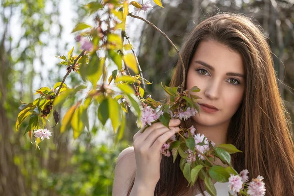 Açık havada, Sakura ağacının yanında poz veren çekici esmer kız. Yatay olarak. 