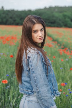 Uzun saçlı, kot giyen esmer kız kırmızı gelincik tarlasında omzunun üzerinden kameraya bakıyor. Dikey. 