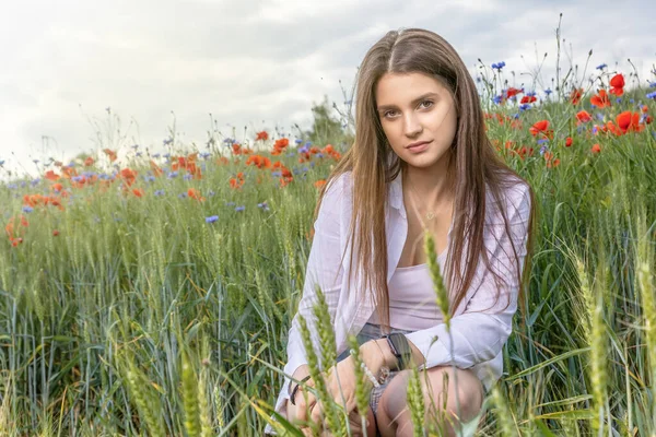 Attraktives Langhaariges Brünettes Mädchen Sitzt Einem Getreidefeld Mit Roten Mohnblumen — Stockfoto