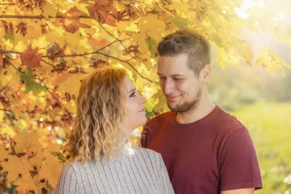 Zamilovaný Mladý Pár Pózuje Podzimním Parku Vodorovně — Stock fotografie