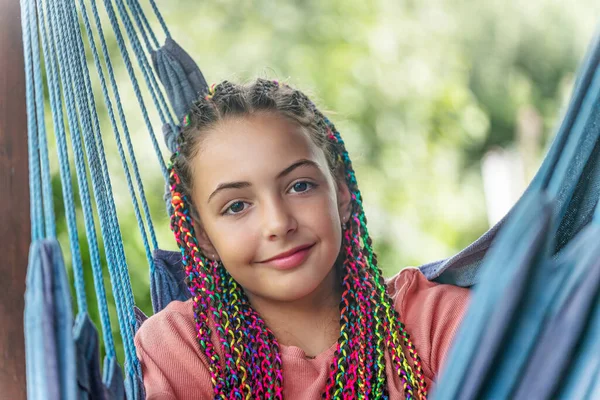 Smiling Young Girl Colorful Braids Her Hair Posing Blue Hammock — Stock Photo, Image