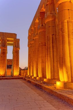 Karnak tapınağının aydınlanmış sütunlarının gece fotoğrafı. (Antik Teb). Luxor, Mısır. Dikey. 
