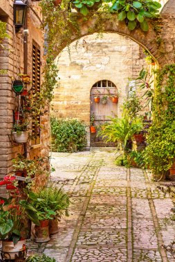 Perugia 'nın başkenti Spello' da kemerli bir çiçek sokağı. Umbria bölgesi.