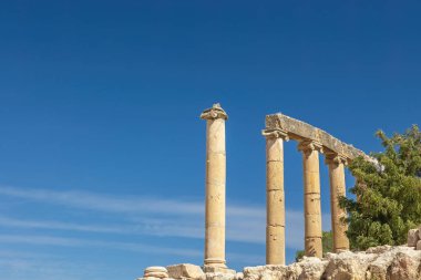 Jerash 'taki Jerash arkeoloji sahasında sütunlar. Ürdün. Fotoğrafta kullanabileceğiniz yeterli alan var..