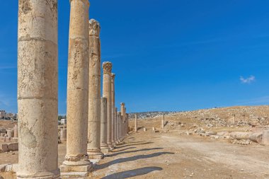 Jerash arkeolojik alanında sıra sıra dizilmiş sütunlar. Ürdün. Fotoğrafta kullanabileceğiniz yeterli alan var..