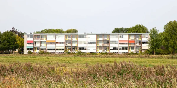 Blok Mieszkalny Holandii Pole Trawy Przed — Zdjęcie stockowe