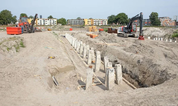 Betonpfähle Fundament Für Neubau Auf Baustelle Fundamentbetonpfähle Unter Der Erde — Stockfoto