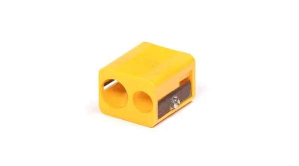 Close Old Yellow Pencil Sharpener Isolated White Background Clipping Path — Stock Photo, Image