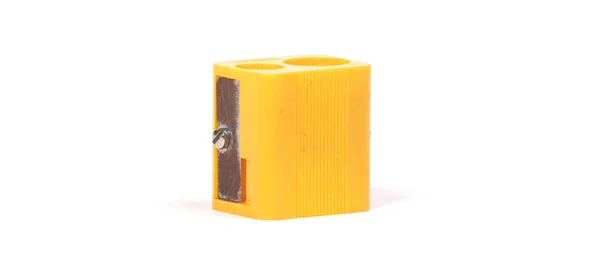 Fechar Velho Apontador Lápis Amarelo Isolado Fundo Branco Caminho Recorte — Fotografia de Stock