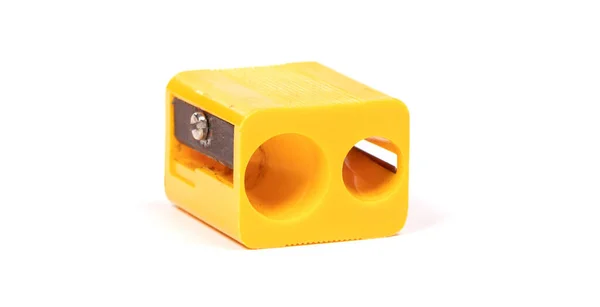 Close Old Yellow Pencil Sharpener Isolated White Background Clipping Path — Stock Photo, Image