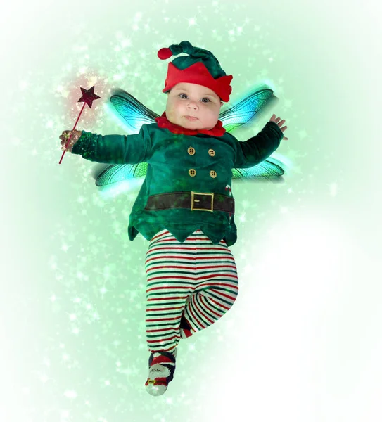 Baby Wearing Elf Outfit Babies First Christmas Isolated White — Stock Photo, Image