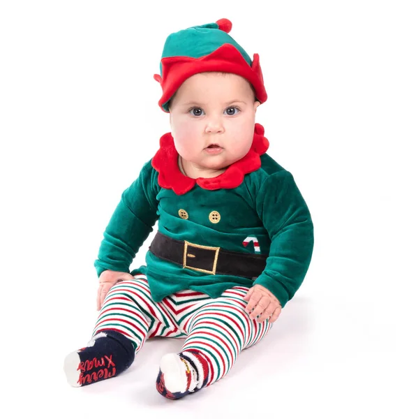 Baby Elfenkostüm Babys Erste Weihnachten Isoliert Auf Weiß — Stockfoto