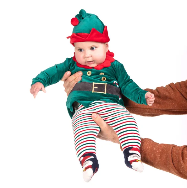 Μωρό Που Φοράει Στολή Ξωτικού Μωρά Πρώτα Χριστούγεννα Απομονωμένα Λευκό — Φωτογραφία Αρχείου
