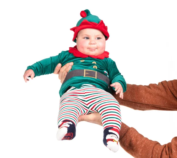 Baby Elfenkostüm Babys Erste Weihnachten Isoliert Auf Weiß — Stockfoto
