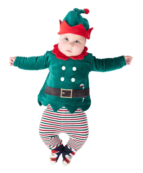 stock image Baby wearing elf outfit - babies first Christmas, isolated on white