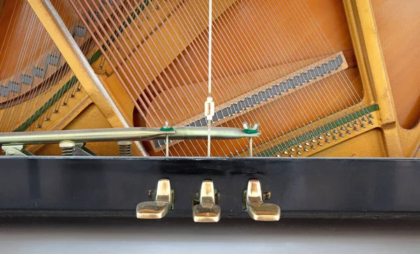 Old piano pedal with close-up shot, old pedal with scratches and dust