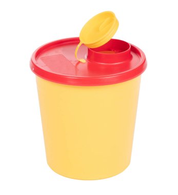 Medical box with contaminated needles isolated on white with clipping path