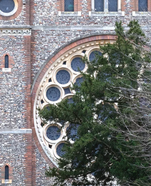 Grande Janela Redonda Uma Catedral Árvore Verde Frente Dele — Fotografia de Stock