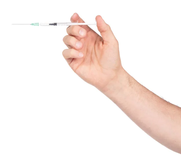 白の背景に成人の手の中に新しい注射器 医学と医療の概念 — ストック写真
