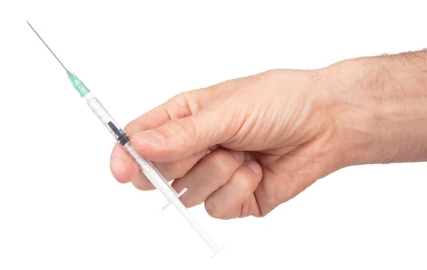 New Syringe Adult Hand White Background Medical Health Care Concept — Stockfoto