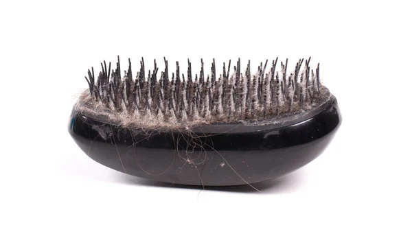 Nahaufnahme Einer Schmutzigen Haarbürste Auf Weißem Hintergrund Isoliert — Stockfoto