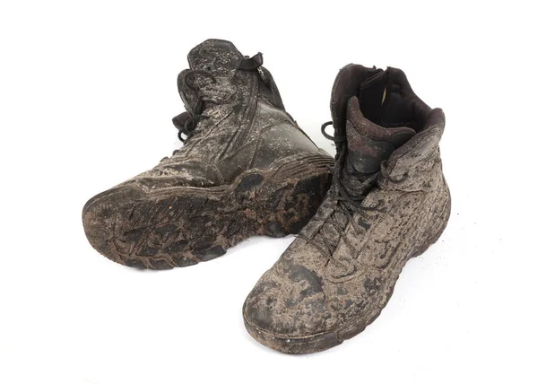 Black Shoes Covered Mud Isolated White — Stock Photo, Image