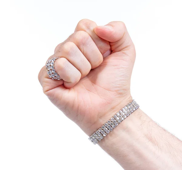Grande Bague Diamant Bracelet Main Sur Adulte Mâle Isolé — Photo