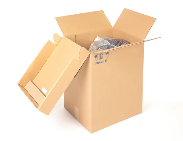 Κουτί Χαρτόνι Ανοιγμένο Κουτί Που Απομονώνεται Λευκό Φόντο — Φωτογραφία Αρχείου
