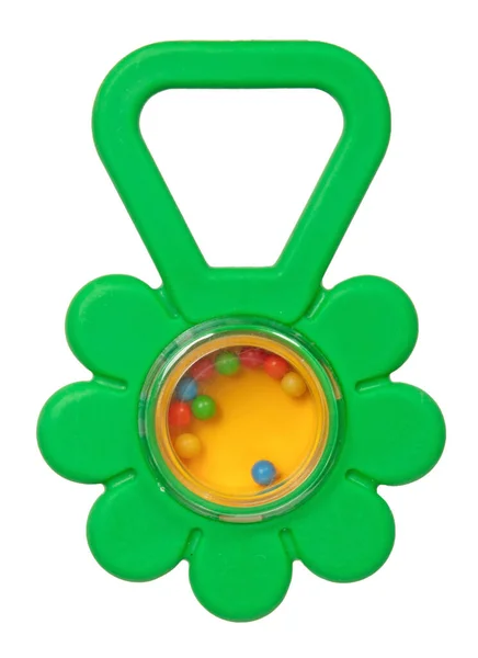 Izolované Bílém Hračky Zelené Plastové Chrastítko — Stock fotografie