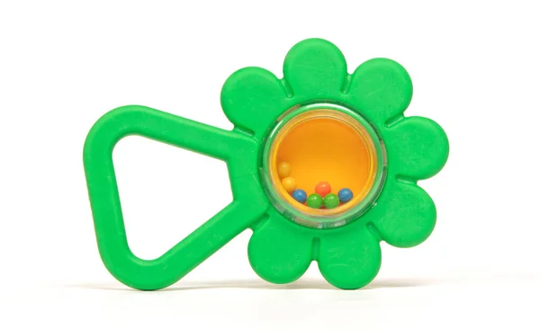 Isoliert Auf Weiß Spielzeug Grüne Plastikrassel — Stockfoto