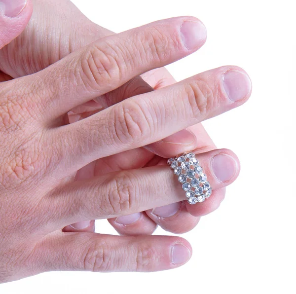 Stor Diamantring Hånden Voksen Mann Isolert – stockfoto