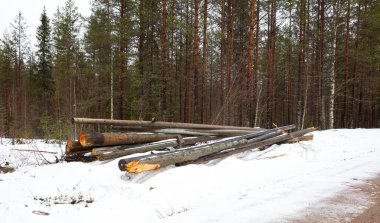 Power maintenance in Finland, replaced stuff is laying on the ground, winter clipart