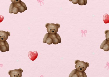 Teddy bear with red hearts Valentine gift wrapping paper and wallpaper in watercolors and seamless style