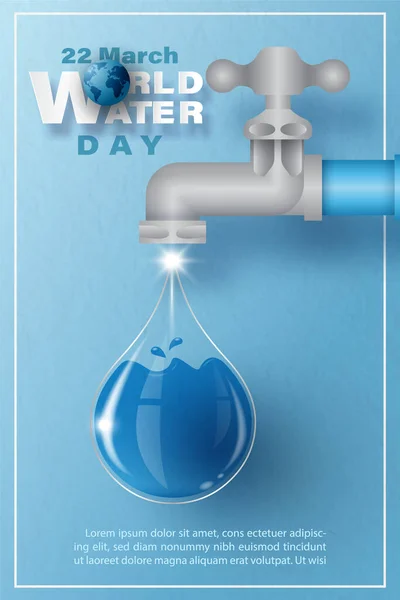Водяний Кран Скиданням Води Скляному Стилі Літери Світового Дня Води — стоковий вектор