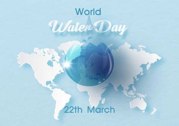 Велетенські Краплини Води Скляному Стилі Буквах Світового Дня Водою Мапою — стоковий вектор